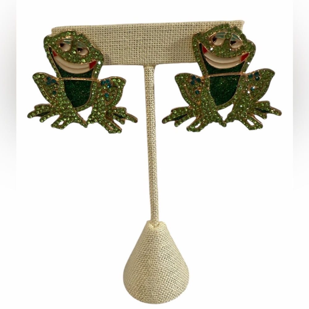 #698 Green Frog Rhinestone Statement Stud Earrings‎